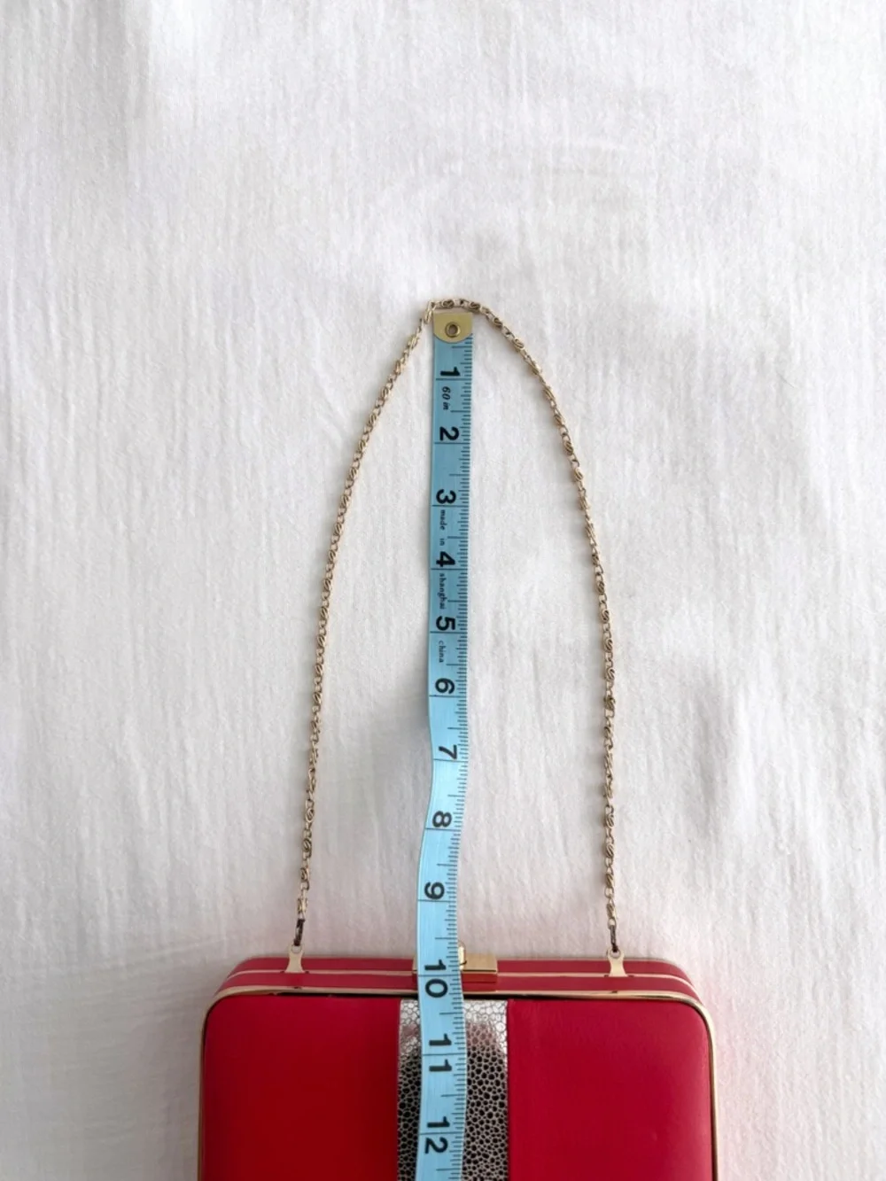 J. McLaughlin Small Red & Gold Leather Clutch Shoulder Purse w/ Gold Chain